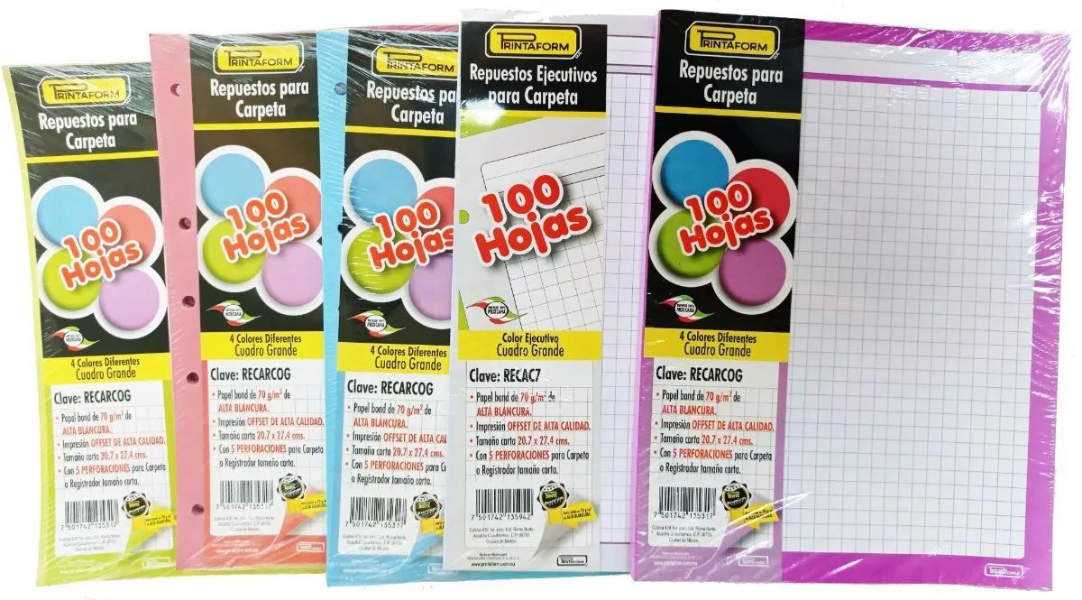 Repuesto Para Carpeta De 500 Hojas - 5 Colores Para Separar Materias - 100 Por Color C7 CUADRO GRANDE