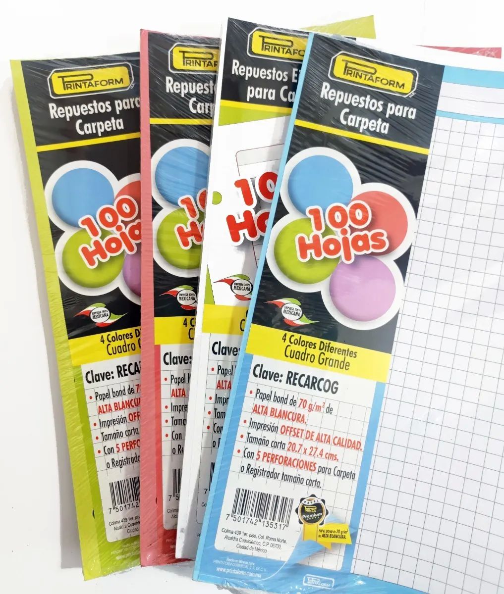 Repuesto Para Carpeta De 500 Hojas - 5 Colores Para Separar Materias - 100 Por Color C7 CUADRO GRANDE