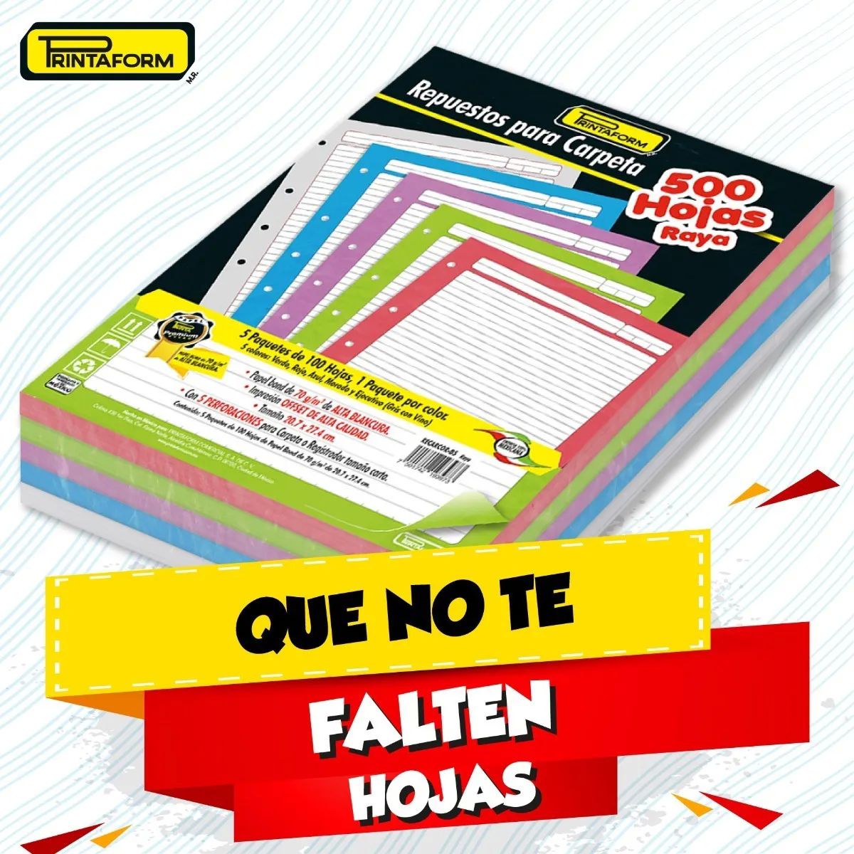 Repuesto Para Carpeta De 500 Hojas - 5 Colores Para Separar Materias - 100 Por Color C7 CUADRO GRANDE