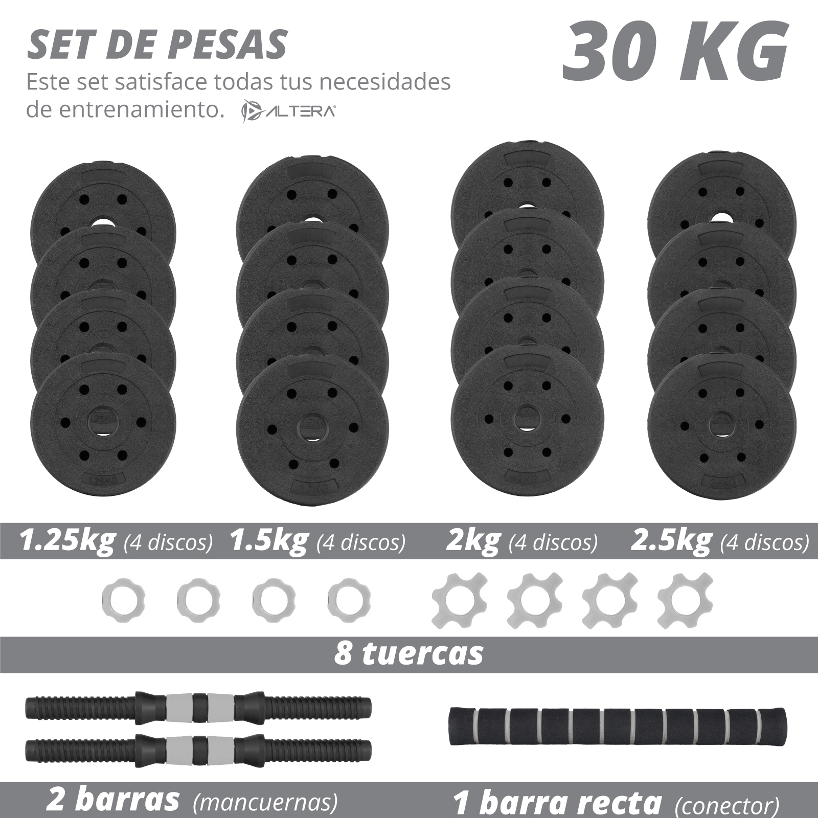Kit De Pesas Mancuernas 60 Libras Barra Recta y 8 Discos de Acero 30 Kg  SVELFIK PESA-01