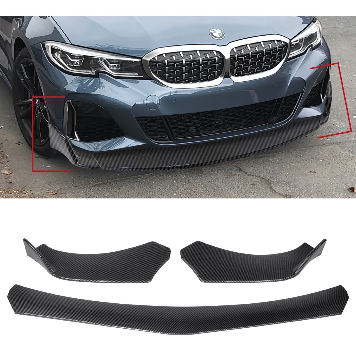 Kit Lip Universal Tipo Fibra Carbono + Sujetadores Lip Rojo