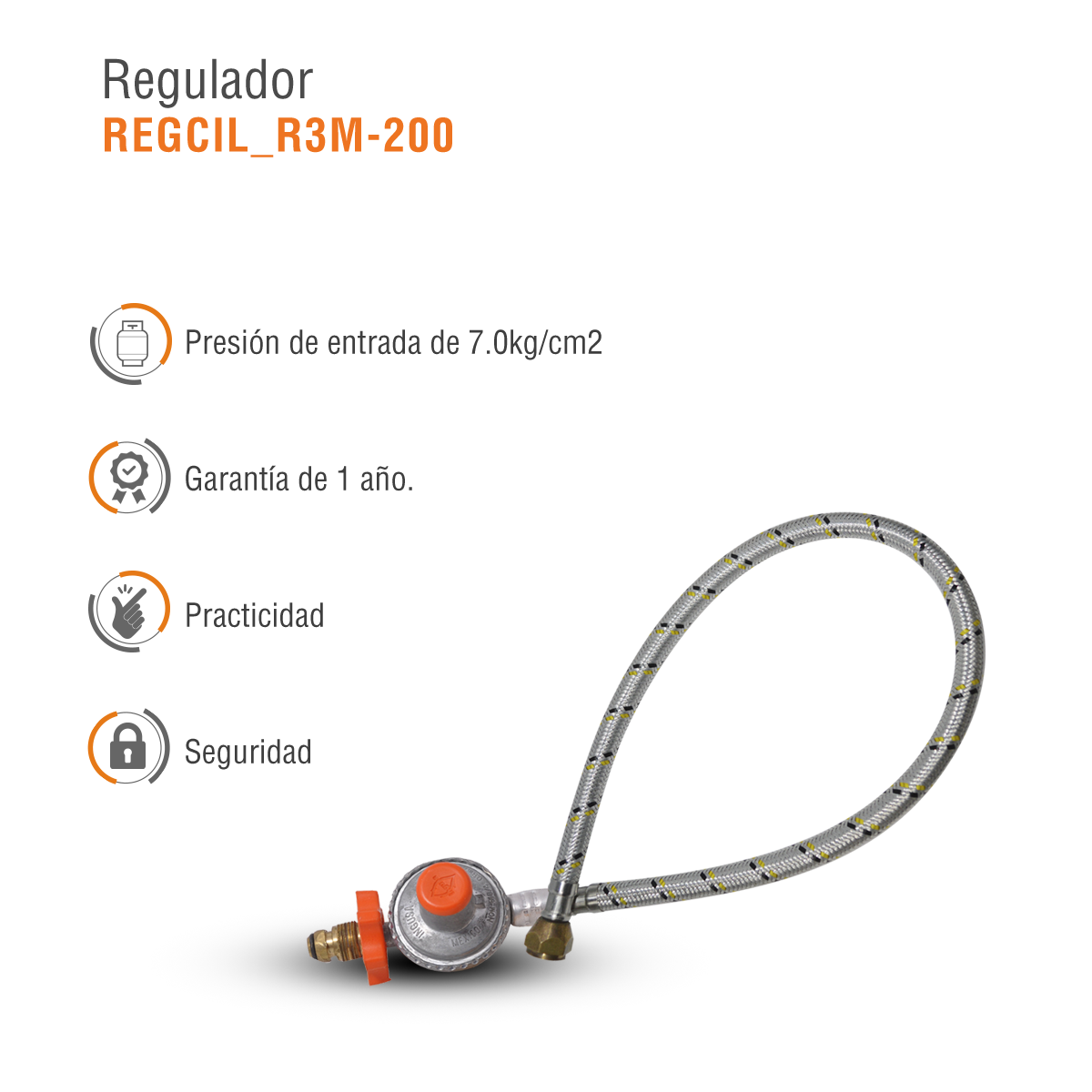 Regulador gas lp baja presion r3 c/manguera 2 m conex giratoria ingusa 