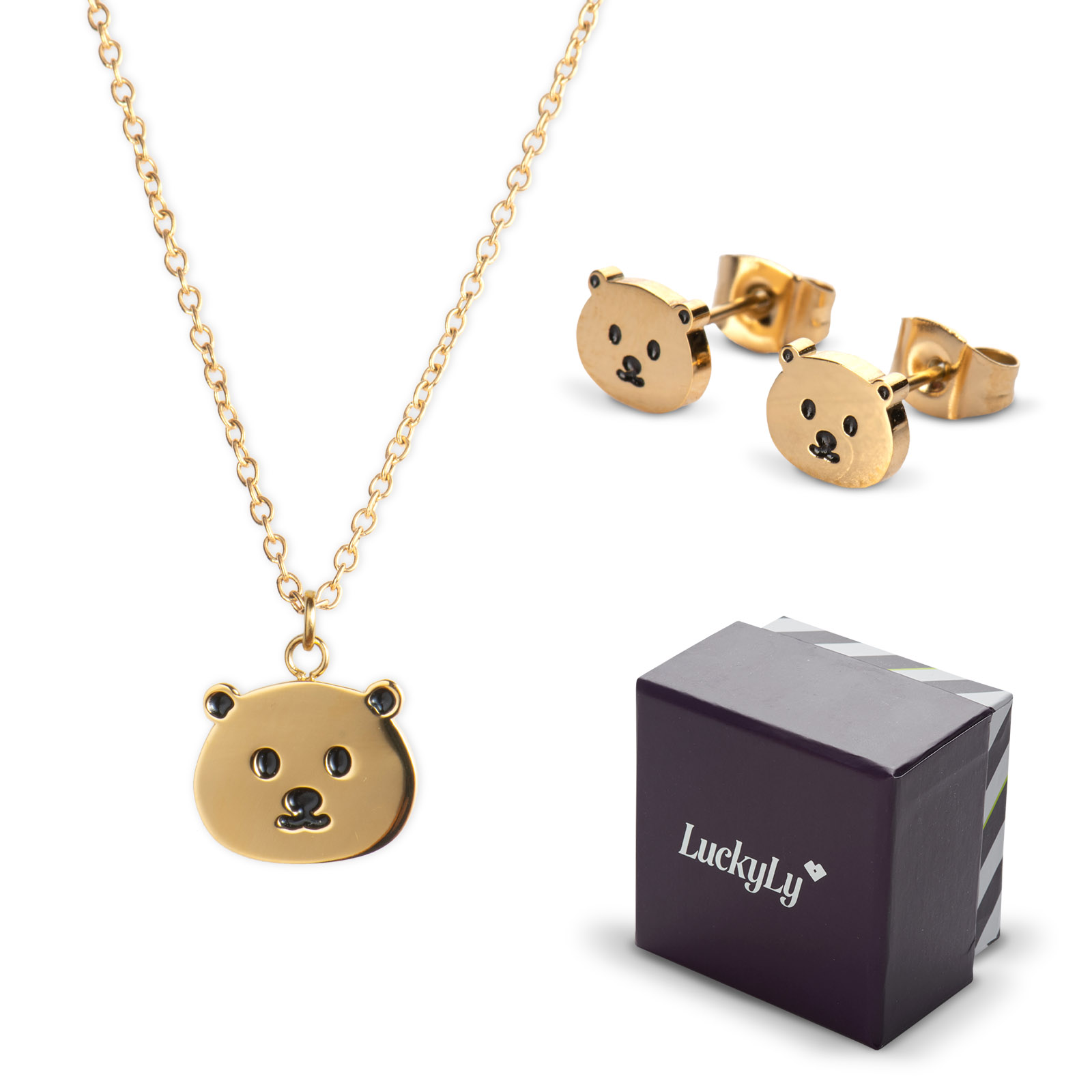 LuckyLy Set de Joyería para Mujer de Oso , Collar y Aretes de Acero Inoxidable con Baño de Oro 18k - Modelo Lila
