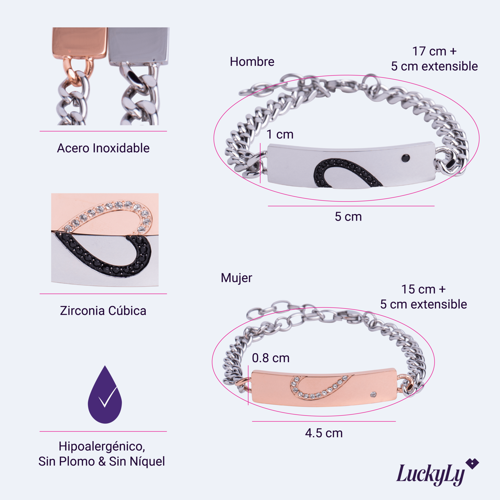 LuckyLy Pulseras para Pareja de Corazón de Acero Inoxidable y Zirconia Cúbica , Pulsera Hombre Plata, Pulsera Mujer Oro Rosa 18k - Modelo Cuore