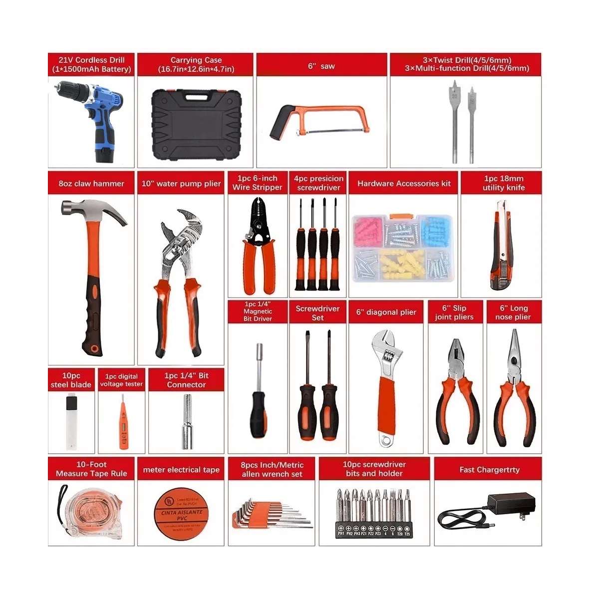 Kit De Herramientas Taladro Eléctrico De Litio Azul