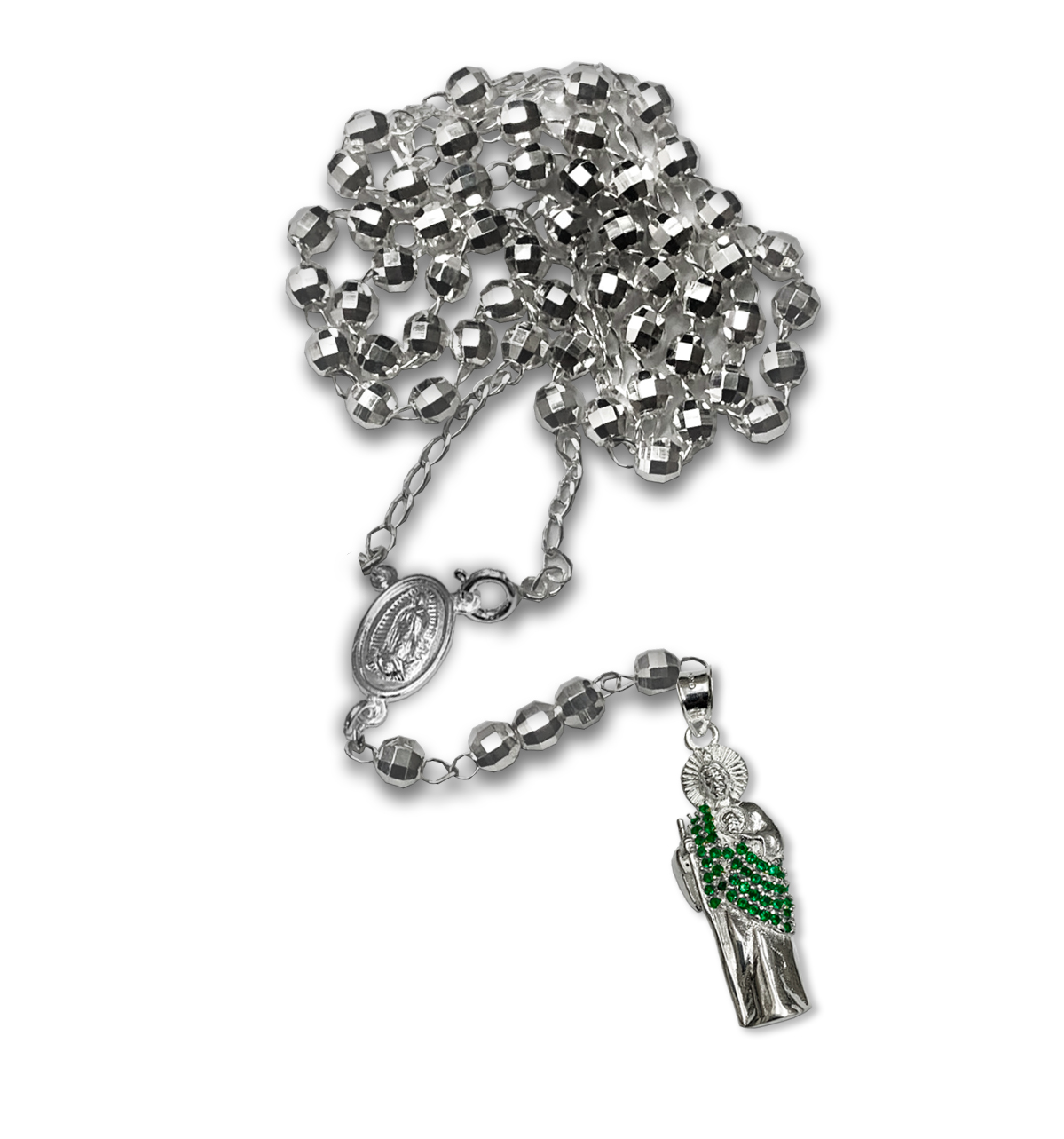 Rosario San Judas Tadeo Plata .925 Y circonias verdes Bola #6