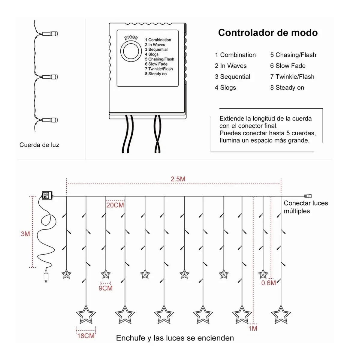 Cortinas Serie Luces 12 Estrellas Decorativas 8 Modos