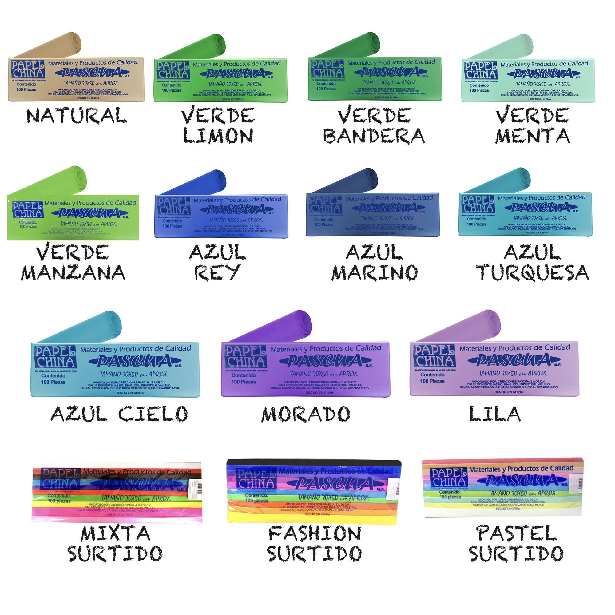 100 Pliegos Papel China Papel de Seda 70x50CM varios colores para