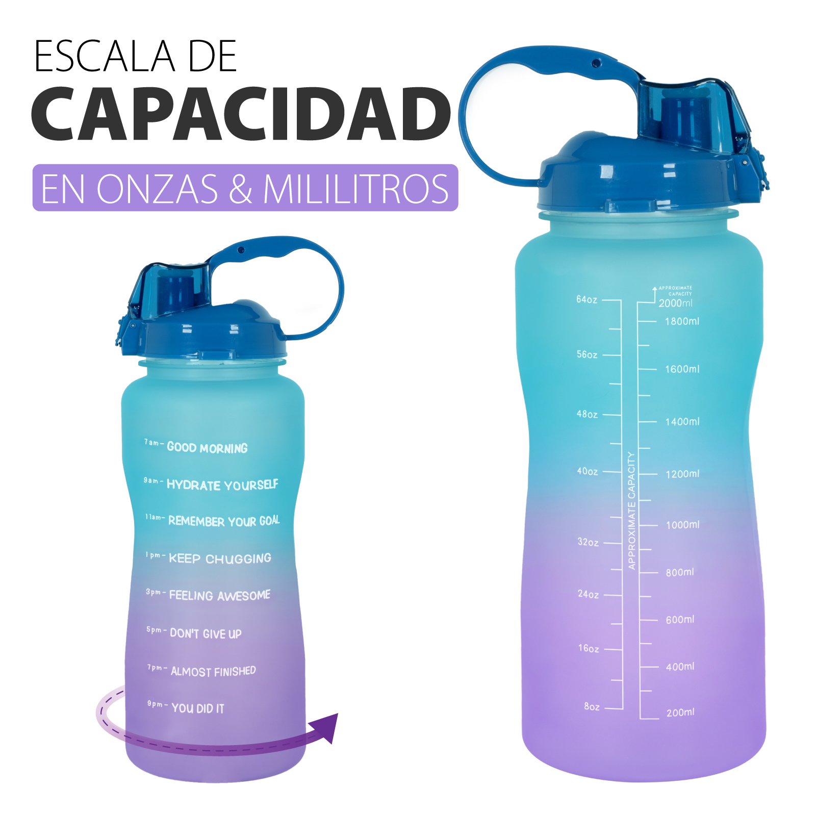 Botella De Agua Motivacional Con Marcador Capacidad 2.2 Litros Onof