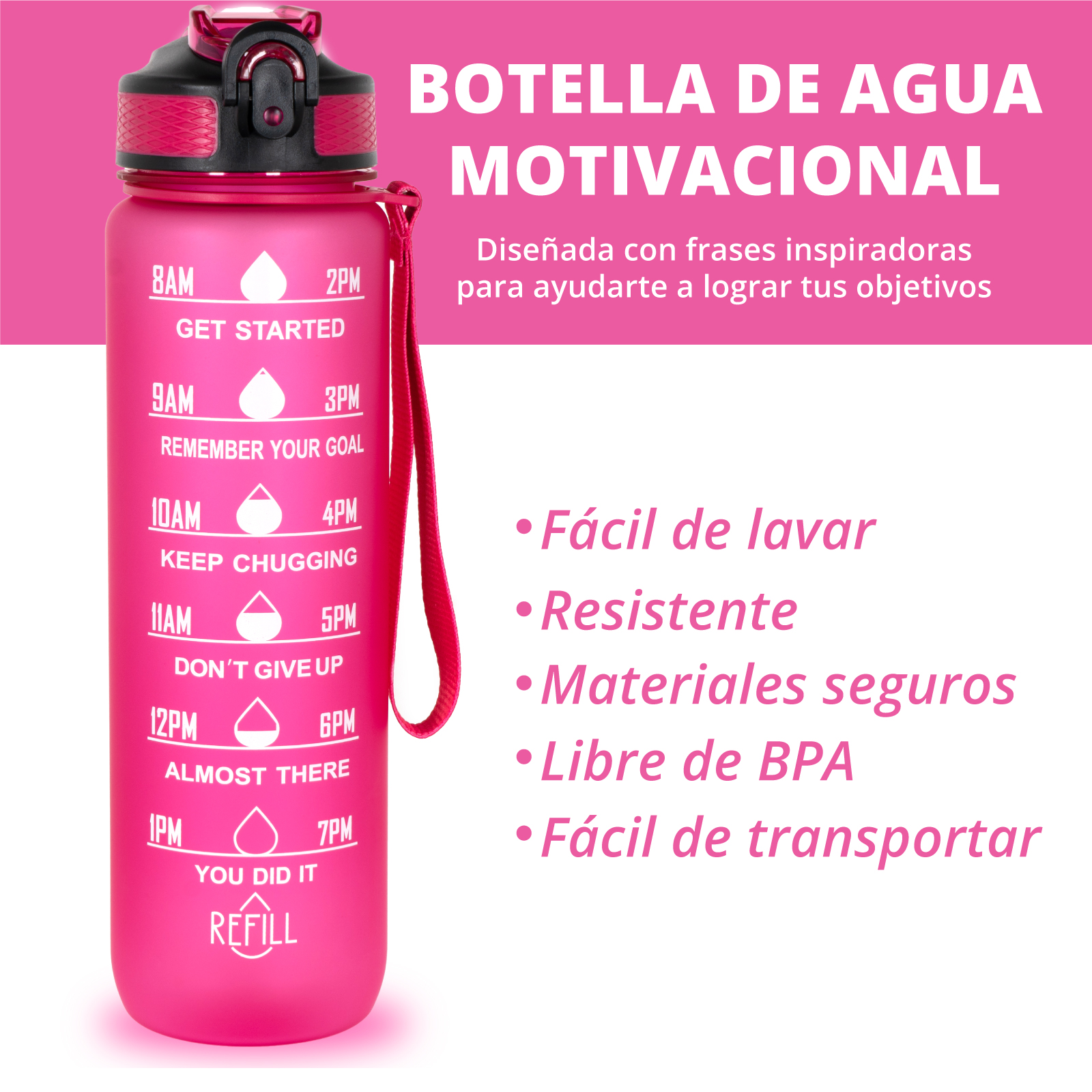 Botella De Agua Motivacional Con Marcador  De Tiempo Capacidad 1 Litro Onof