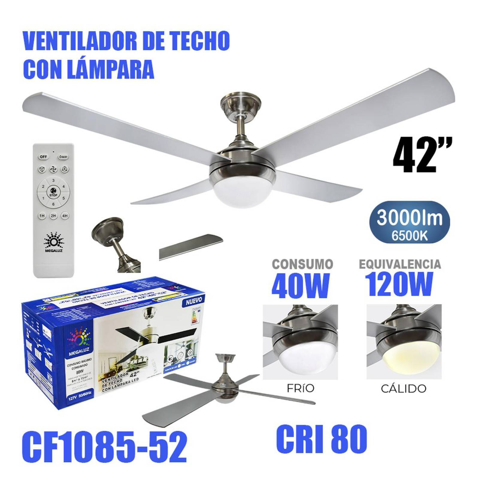 Ventilador de Techo 42 Pulgadas 3 Tipos de Luz Led 3000lm 40w Consumo 120w Iluminación CF1085-52