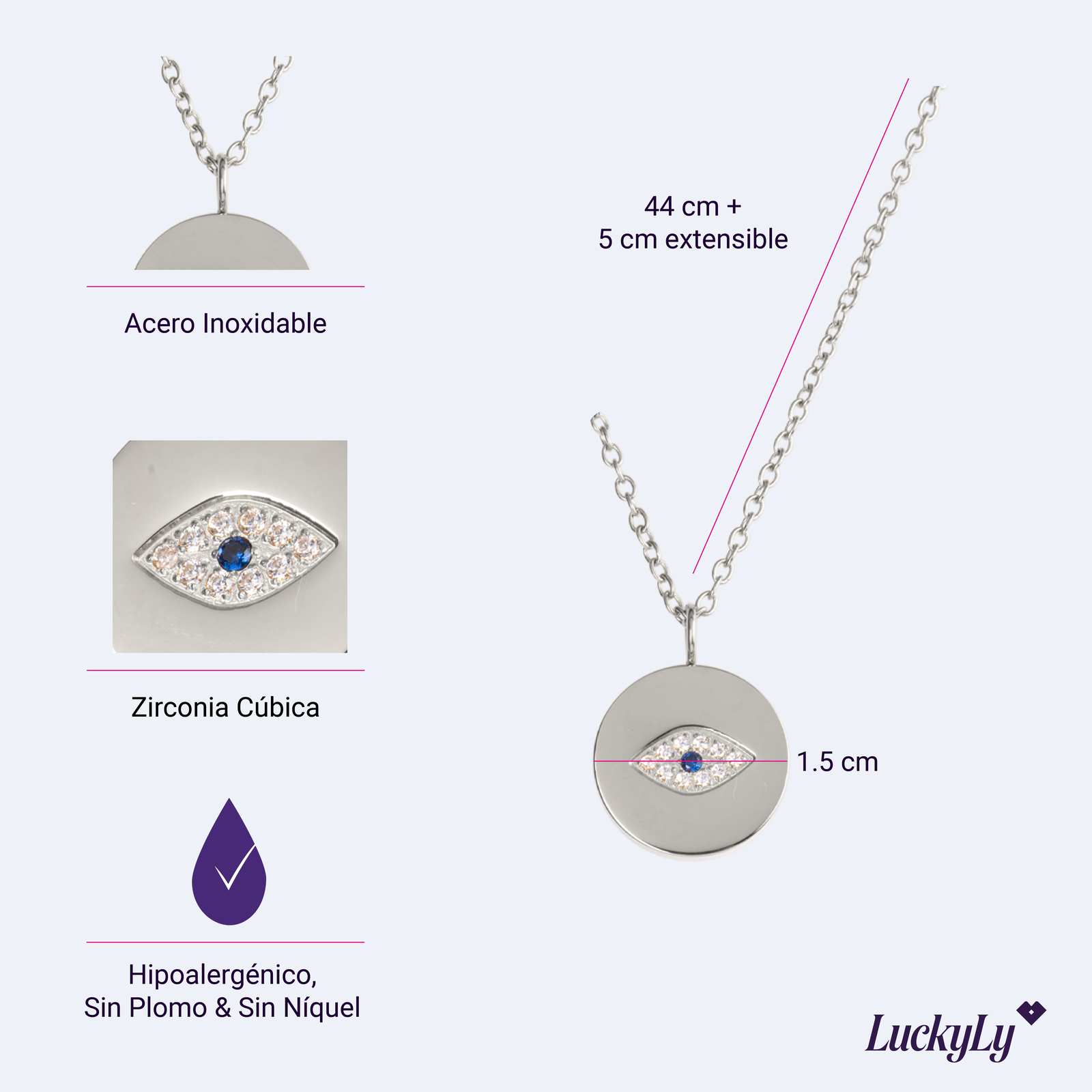 LuckyLy Collar para Mujer con Dije de Ojo Turco Protector , Cadena de Acero Inoxidable Mujer Color Plata y Zirconia Cúbica - Modelo Fara