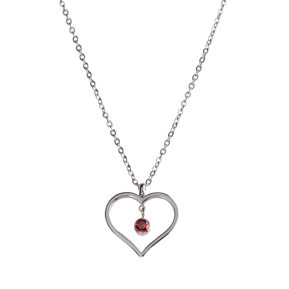 LuckyLy Collar Corazón Mujer con Piedra de Nacimiento Enero , Cadena de Acero Inoxidable Color Plata y Cristal Rojo Vino - Modelo Liv