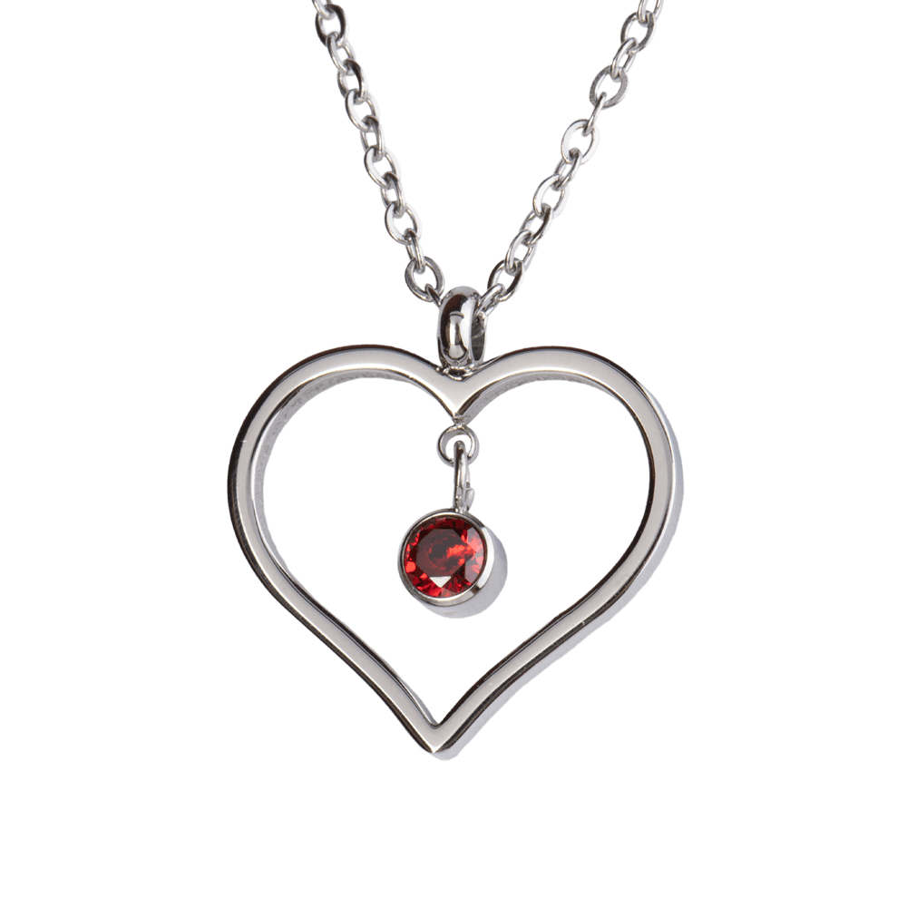 LuckyLy Collar Corazón Mujer con Piedra de Nacimiento Enero , Cadena de Acero Inoxidable Color Plata y Cristal Rojo Vino - Modelo Liv