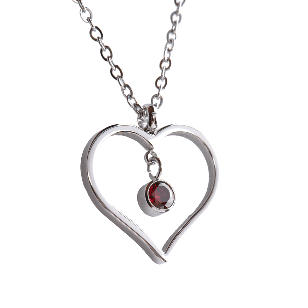 LuckyLy Collar Corazón Mujer con Piedra de Nacimiento Enero , Cadena de Acero Inoxidable Color Plata y Cristal Rojo Vino - Modelo Liv