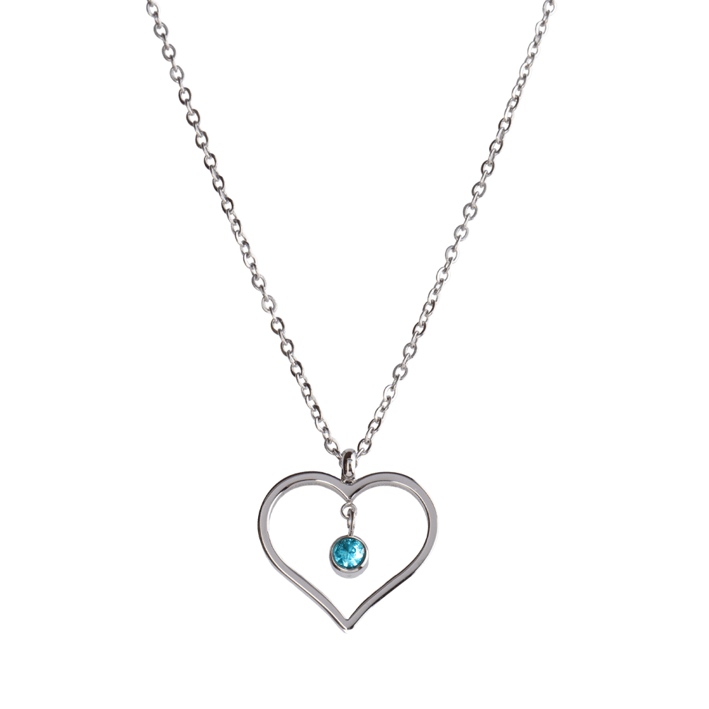 LuckyLy Collar Corazón Mujer con Piedra de Nacimiento Marzo , Cadena de Acero Inoxidable Color Plata y Cristal Azul Celeste - Modelo Liv
