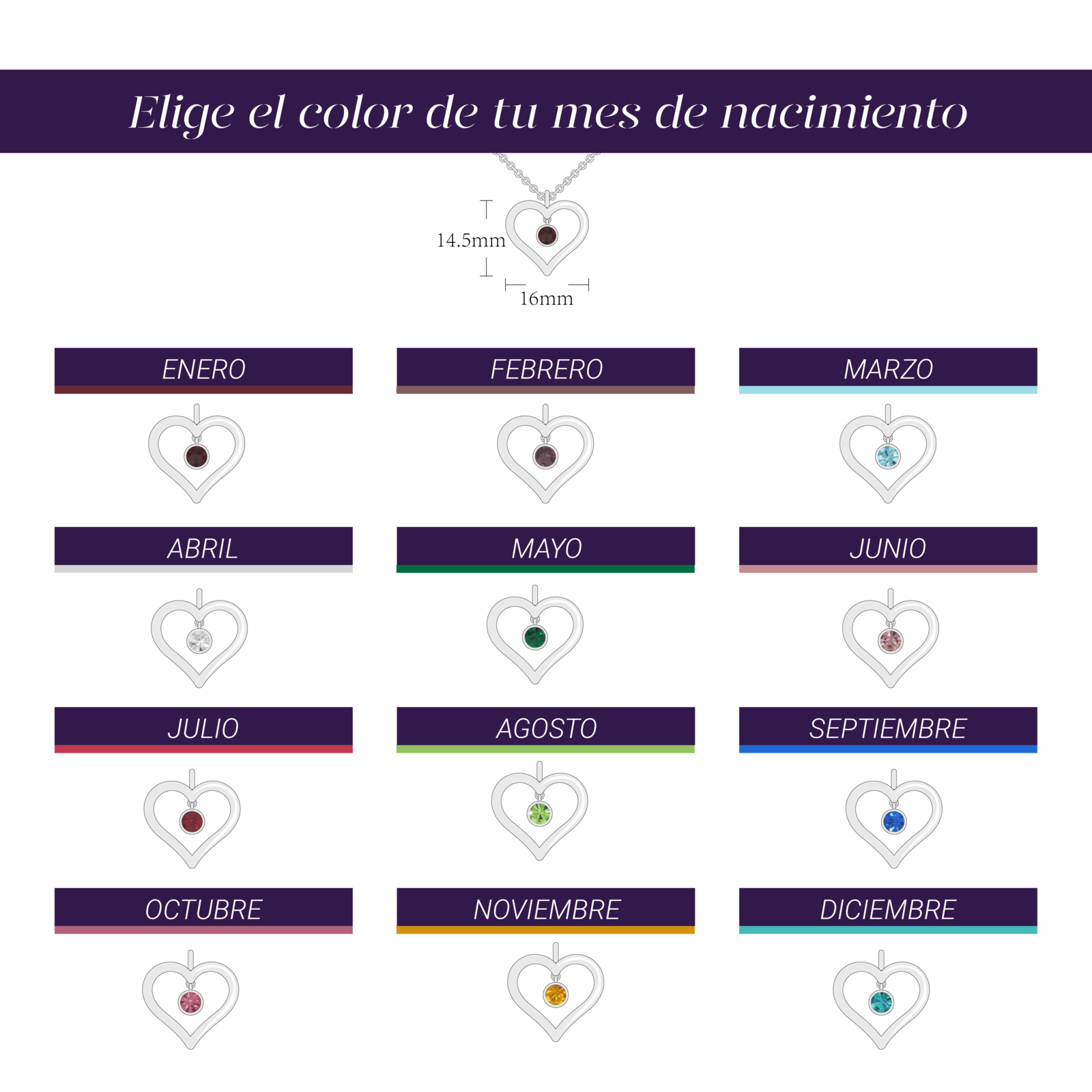 LuckyLy Collar Corazón Mujer con Piedra de Nacimiento Enero , Cadena de Acero Inoxidable Color Plata y Cristal Rojo Vino - Modelo Liv