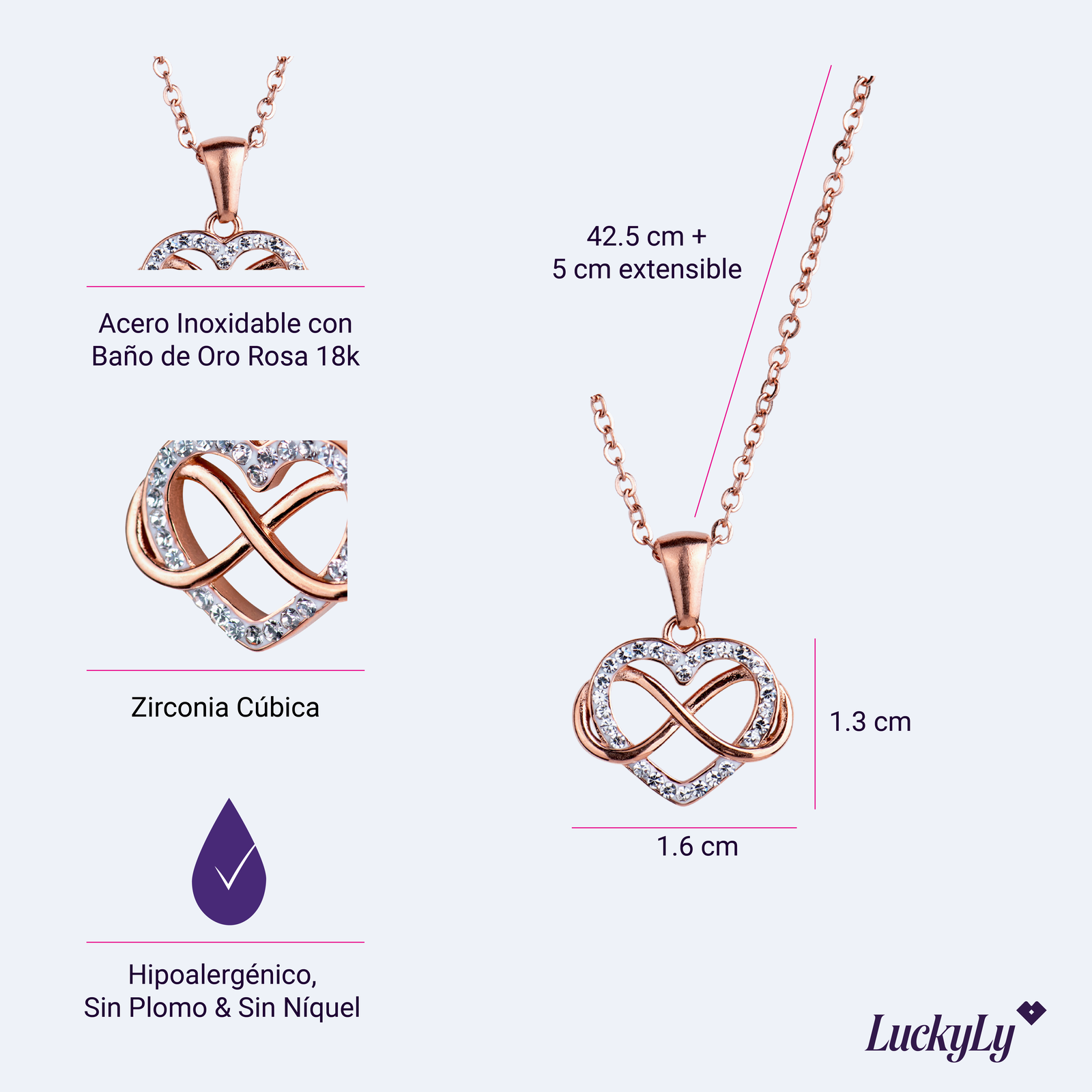 LuckyLy Collar de Mujer Corazón e Infinito con Zirconia Cúbica , Acero Inoxidable con Baño de Oro Rosa 18k, Cadena con Dije - Modelo Natty