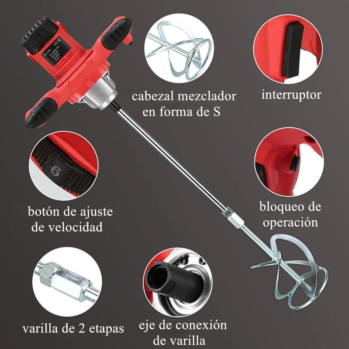 Mezcladora Eléctrica De Cemento/pintura Velocidad Ajustable Rojo