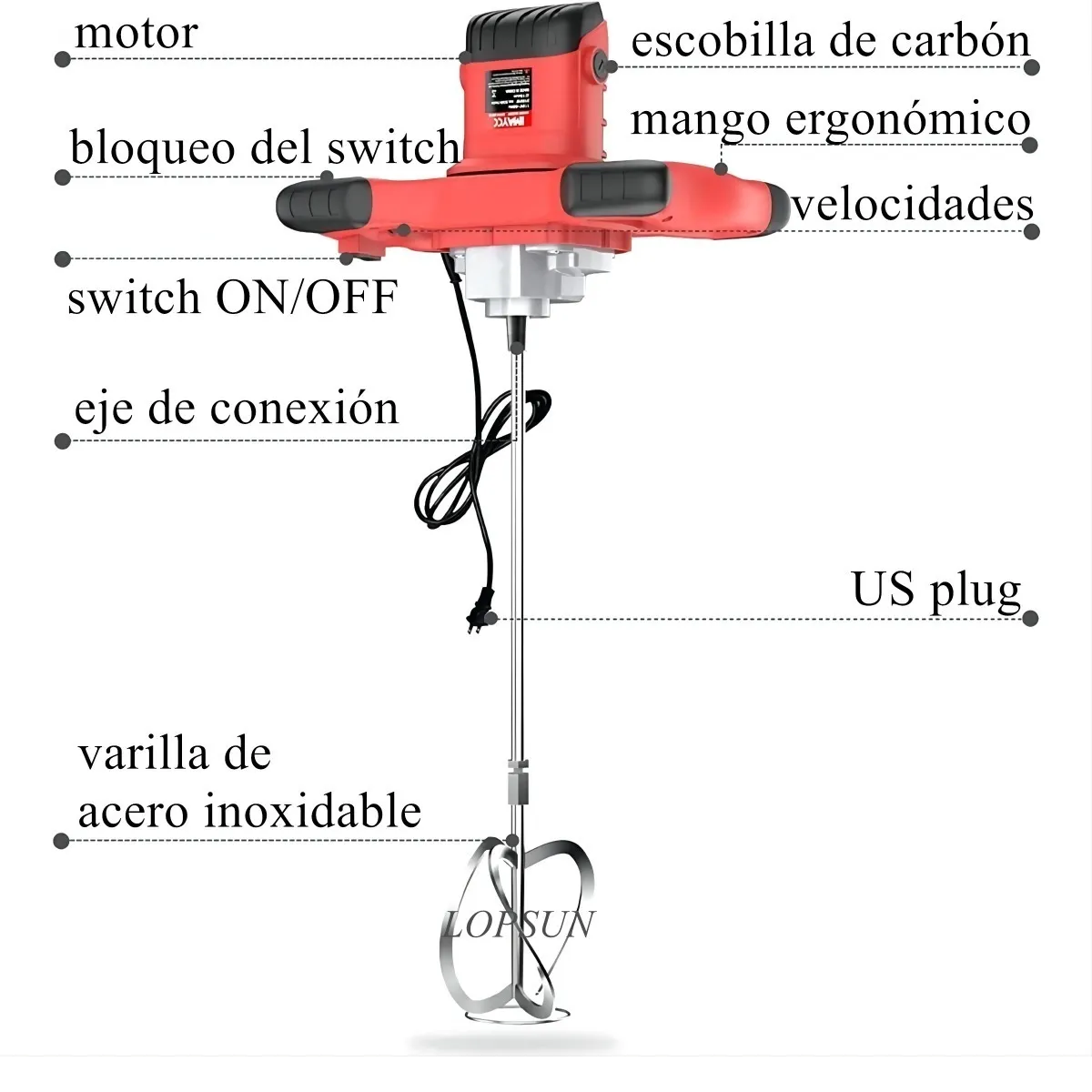 Mezcladora Eléctrica De Cemento/pintura Velocidad Ajustable Rojo