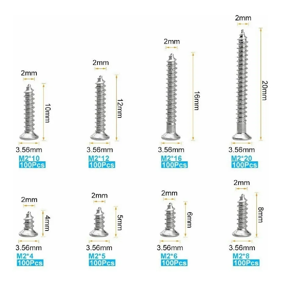 Kit 800 Pcs M2 Cruz Tornillos De Cabeza Plana 4-20mm (8 Tamaños)