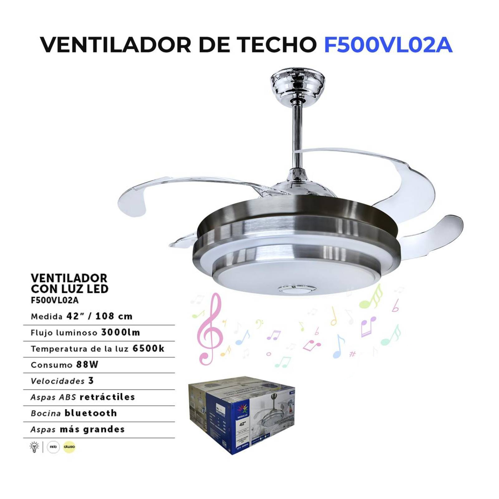Ventilador De Techo Retráctil 42" Tipo Lampara Con Luz Led y Bocina Bluetooth (F500VL02A)