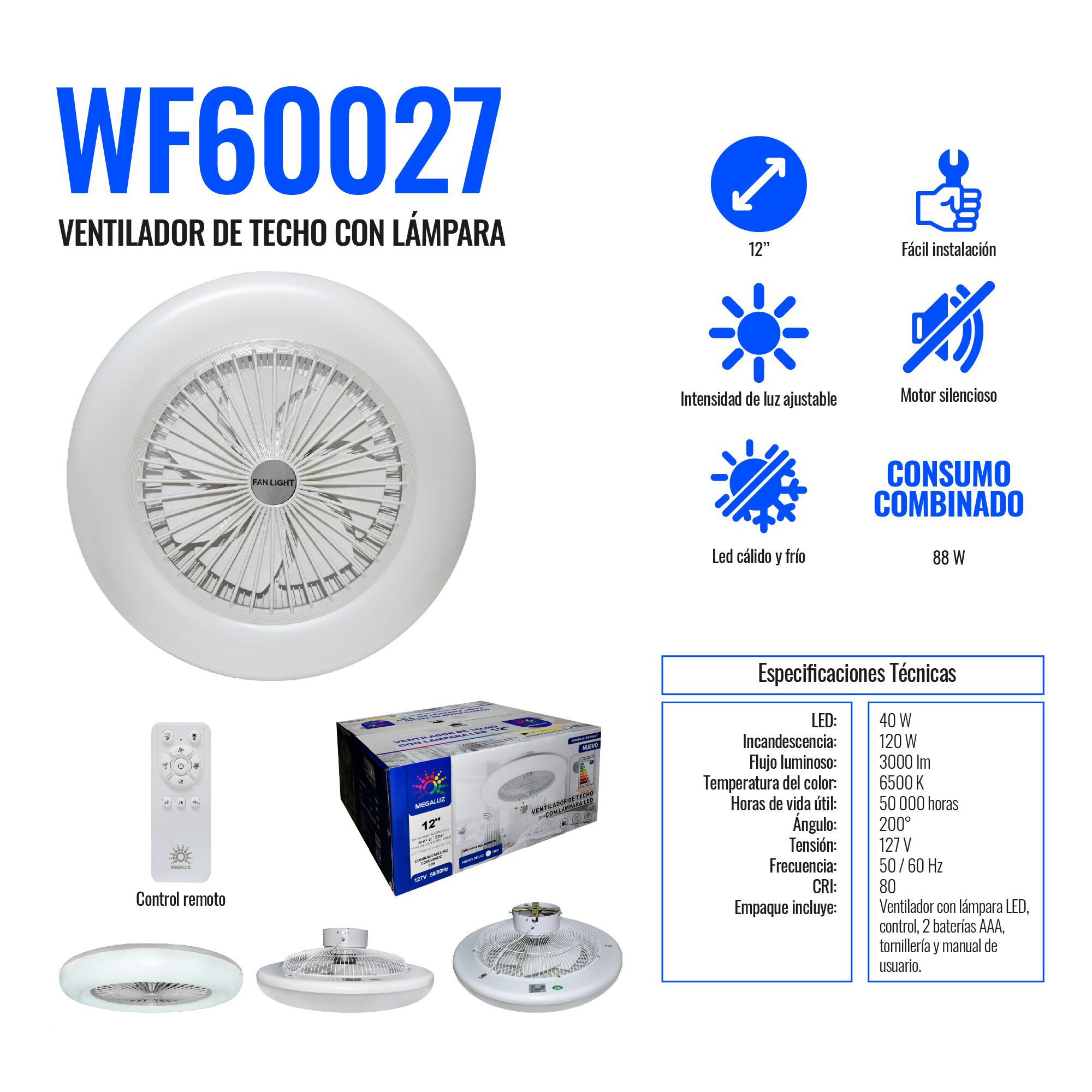 Ventilador De Techo Con Luz Led Megaluz WF60027