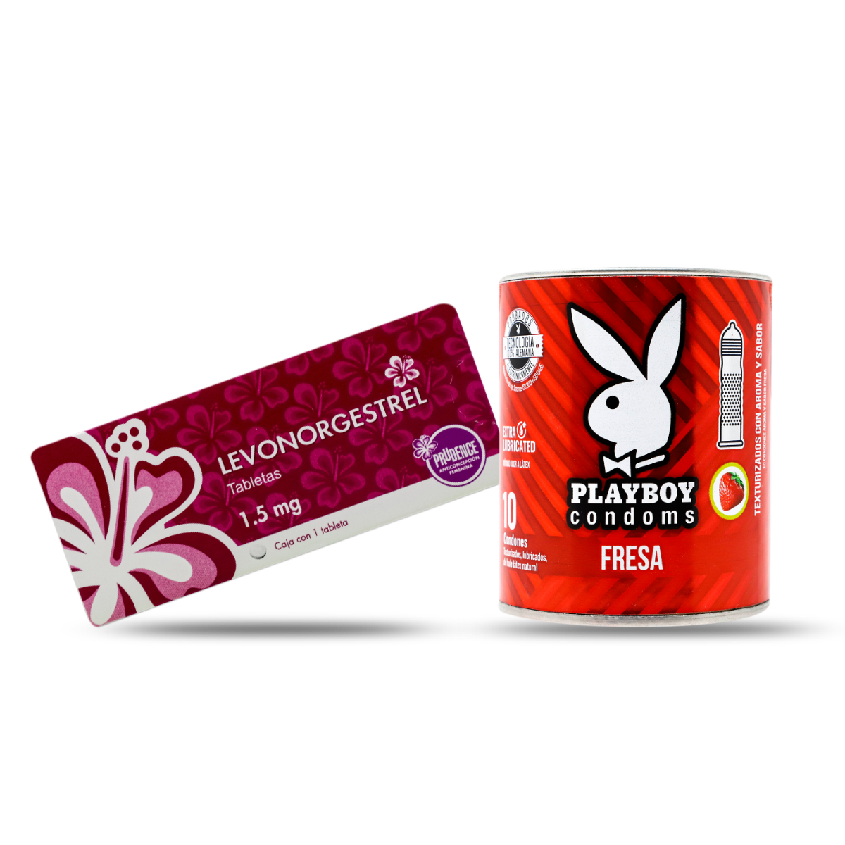 Condones Playboy Lata 10 pzs Sabor Fresa + Levnogesterol 