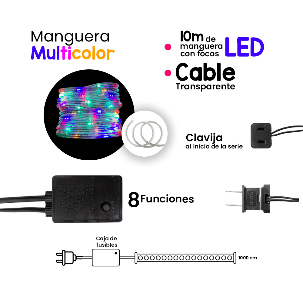 Manguera Decorativa Luz Led Multicolor Uso Exterior/Interior Cable Recubierto Gel 10 m