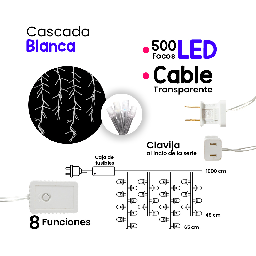 Serie Tipo Cascada Luz Blanca 500 Led 8 Funciones 9 Metros