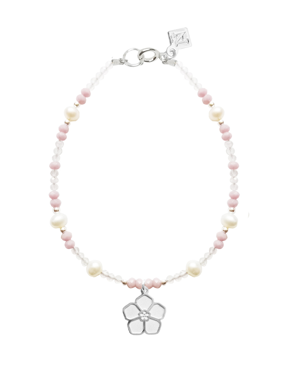 Pulsera de la Suerte Charm Petunia de Plata con Piedras Naturales y Perla Cultivada Por Anante Joyería