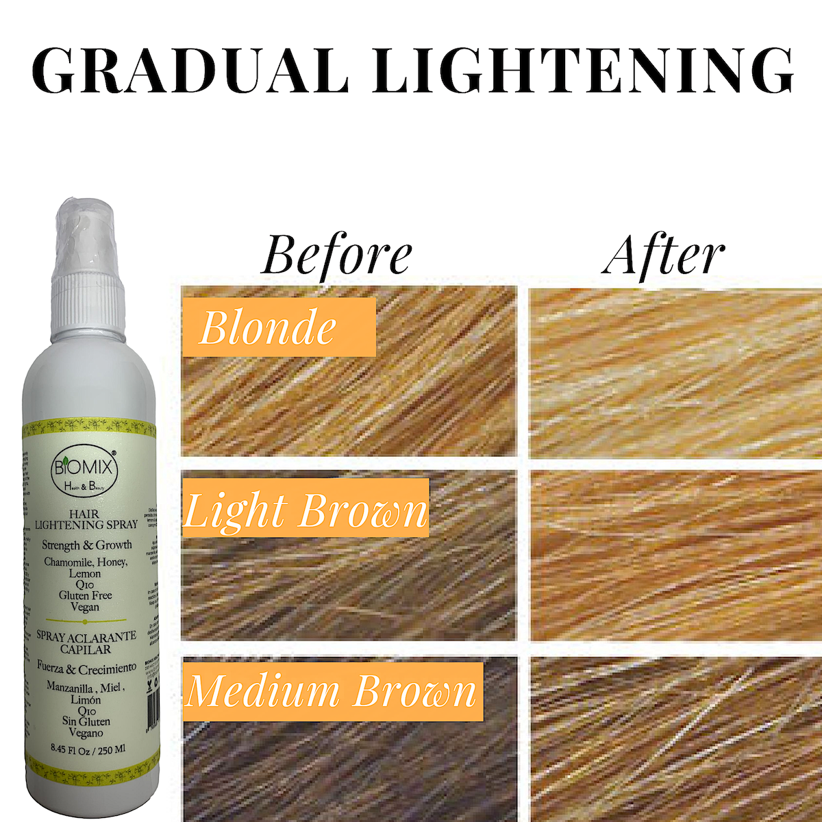 Spray Aclarante Para Cabello Vegano con Manzanilla, Miel, Limón, Argán Y Nutricomplex 250 Ml