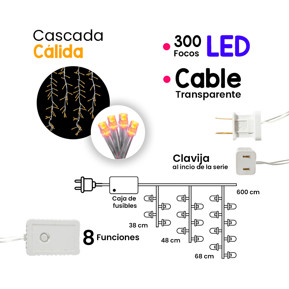 Serie Cascada Luz Calida 300 Led 8 Funciones 6 Metros Cable Transparente 
