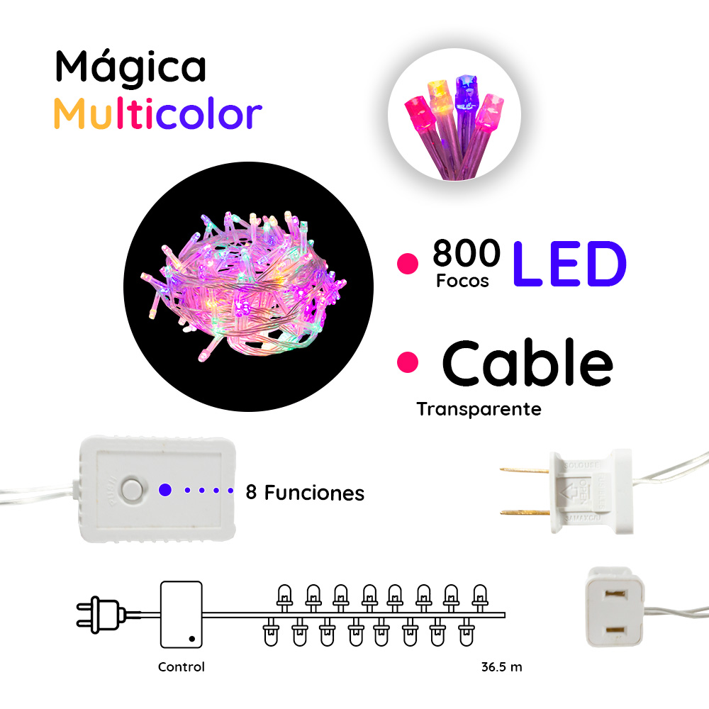 Serie Navideña 800 Led Luz Multicolor 8 Funciones 40 Metros Cable Transparente