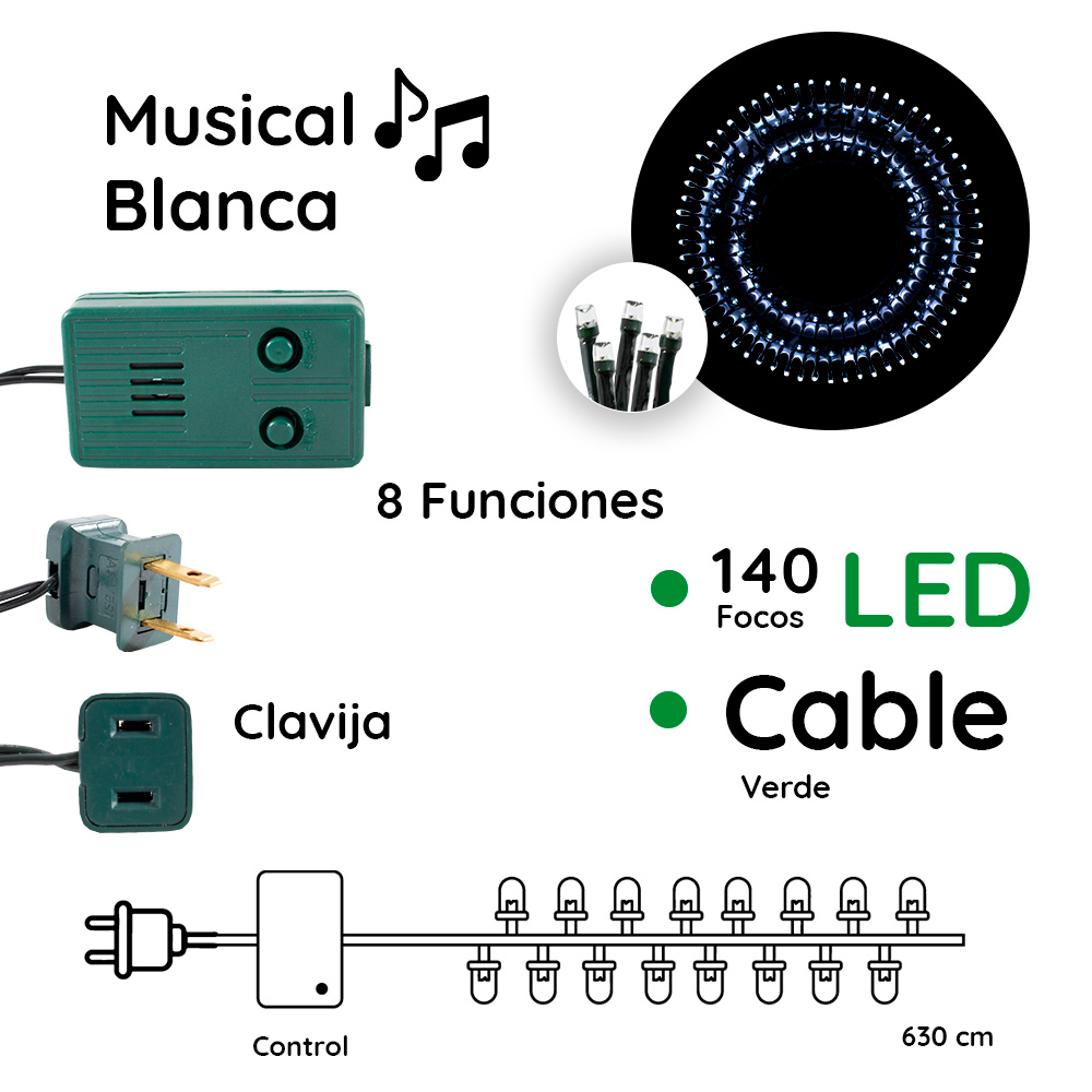 Serie Decorativo Luz Led Blanco Frío Musical 140 Focos 8 Funciones Cable Verde 6 m