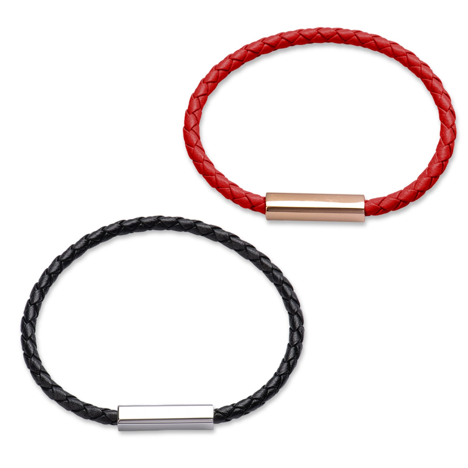LuckyLy Pulseras para Pareja de Piel Vegana y Acero Inoxidable con Imán, Pulsera de Hombre Negro y Plata, Brazalete de Mujer Rojo y Oro Rosa 18k - Modelo Cala