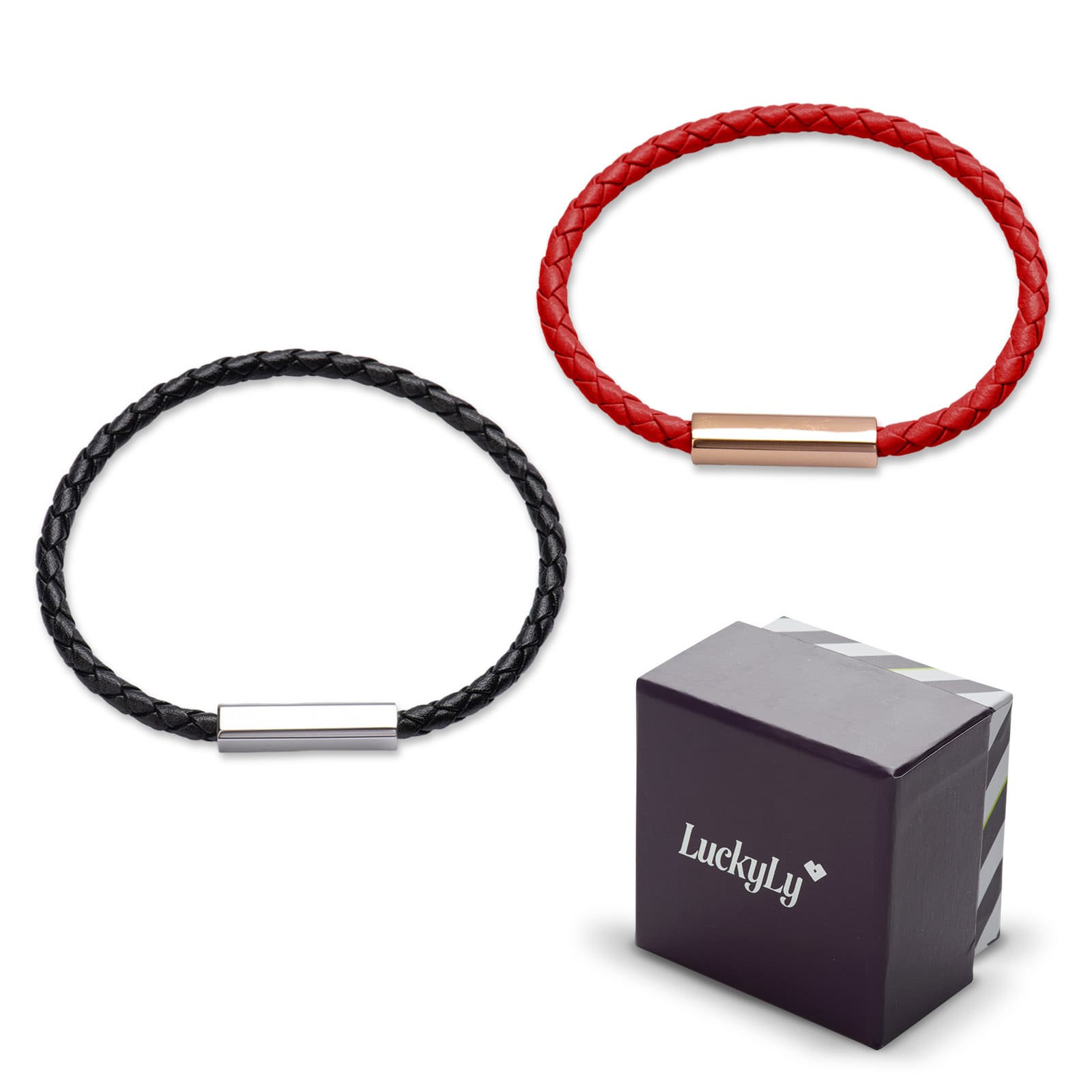 LuckyLy Pulseras para Pareja de Piel Vegana y Acero Inoxidable con Imán, Pulsera de Hombre Negro y Plata, Brazalete de Mujer Rojo y Oro Rosa 18k - Modelo Cala