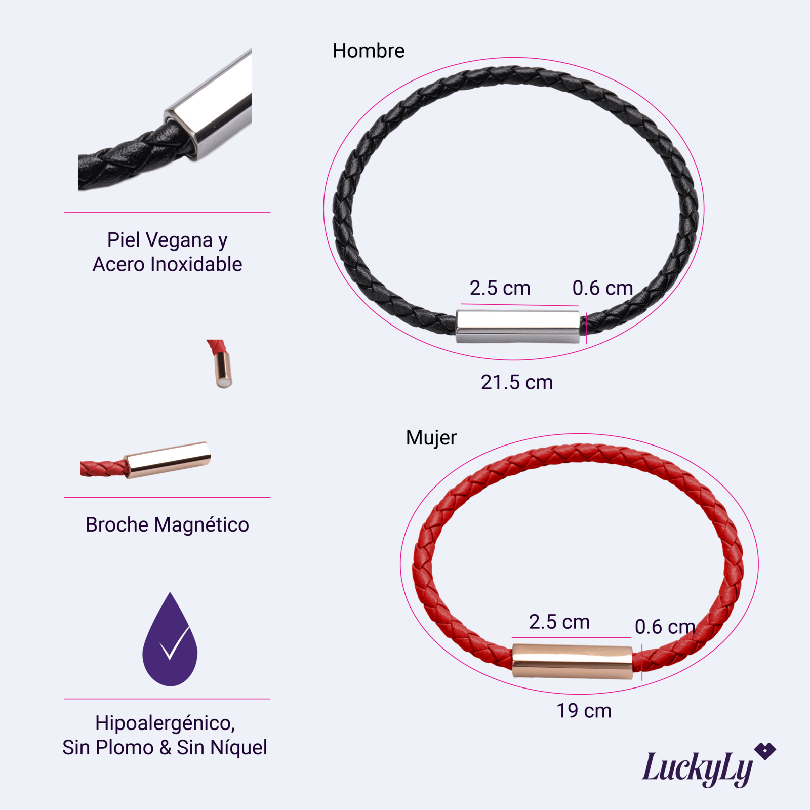 LuckyLy Pulseras para Pareja de Piel Vegana y Acero Inoxidable con Imán, Pulsera de Hombre Negro y Plata, Brazalete de Mujer Rojo y Oro Rosa 18k - Modelo Cala