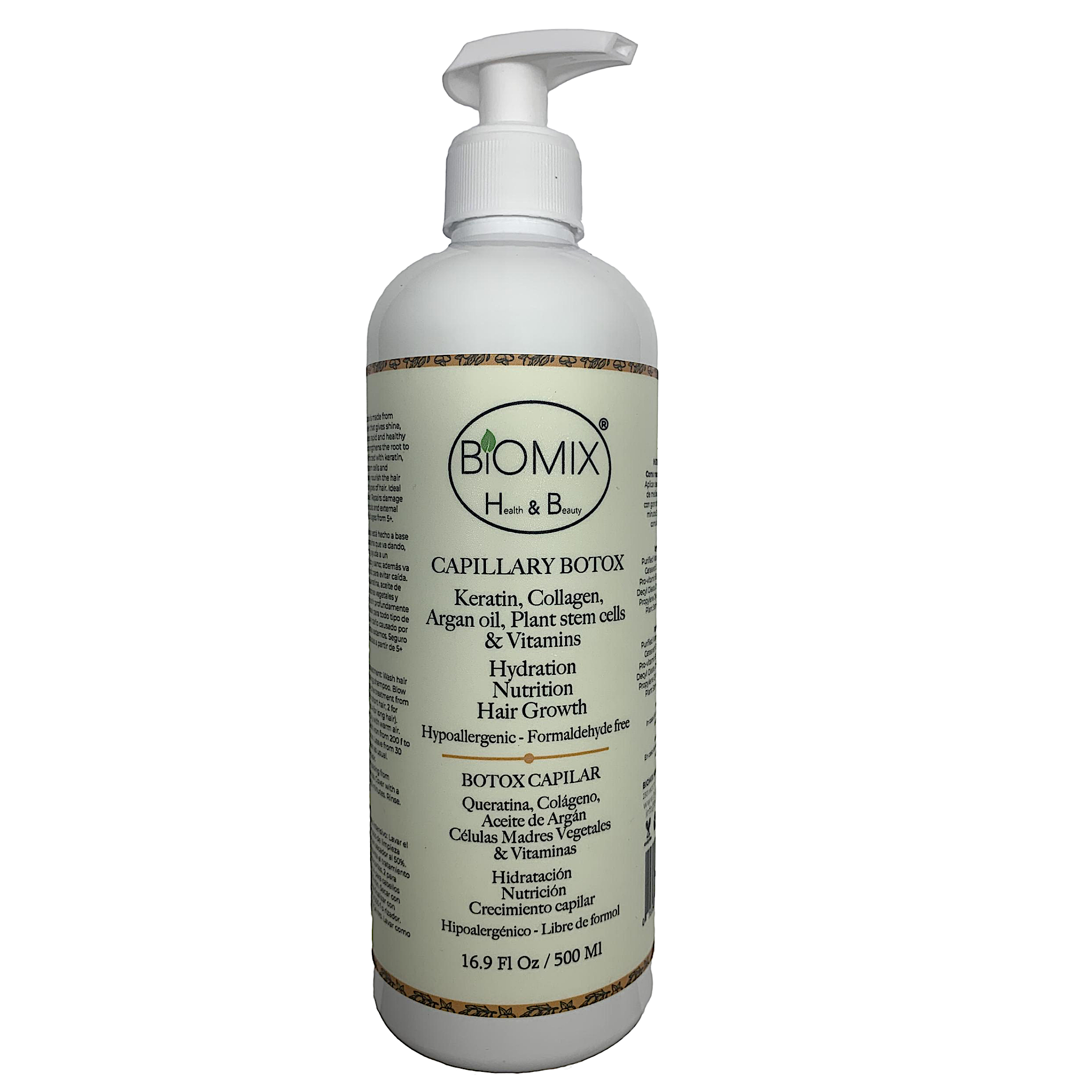 Botox Capilar Vegano Hipoalergénico Keratina, Colágeno, Aceite de Argán, Células Madres Vegetales, Vitaminas Para Todos Los Cabellos 500 Ml