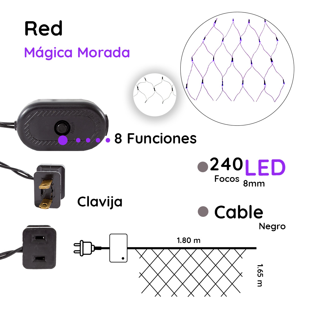 Red Mágica Navideña 240 Focos Luces Led Color Morada 1.65 mts Navicolors