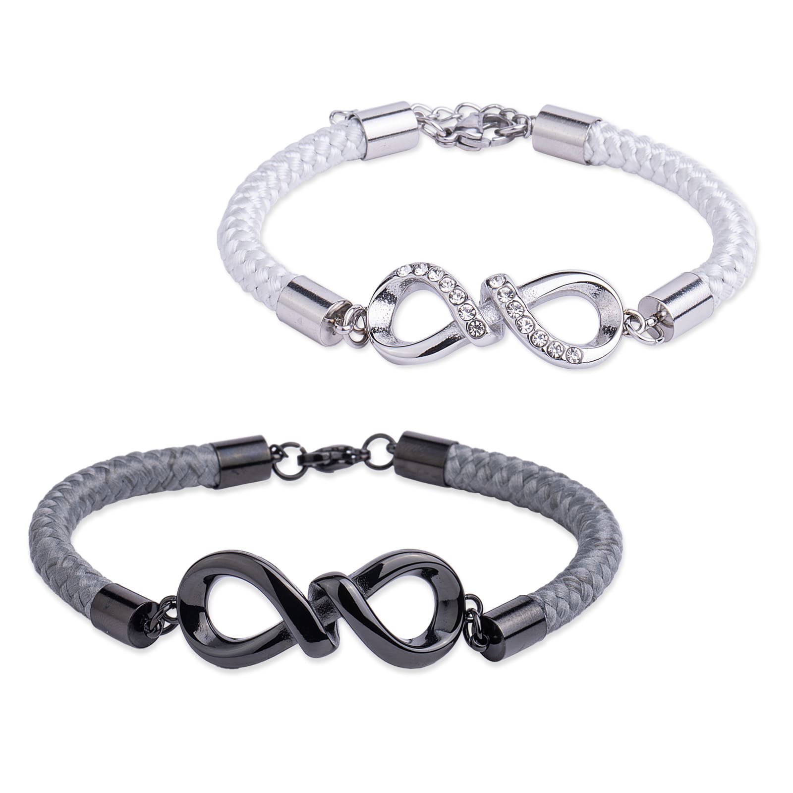 LuckyLy Pulseras para Pareja de Infinito de Acero Inoxidable y Cuerda , Pulsera Hombre Negra, Pulsera Mujer Plata - Modelo Soni