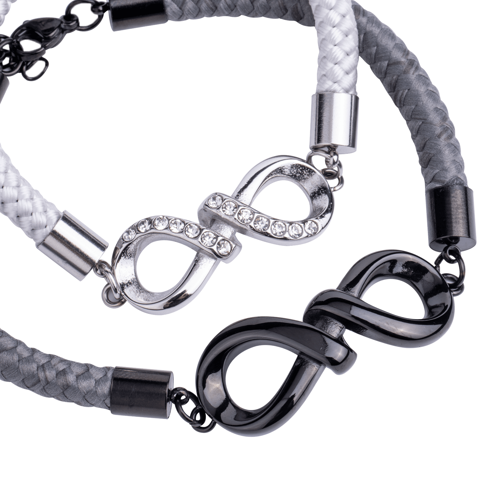 LuckyLy Pulseras para Pareja de Infinito de Acero Inoxidable y Cuerda , Pulsera Hombre Negra, Pulsera Mujer Plata - Modelo Soni