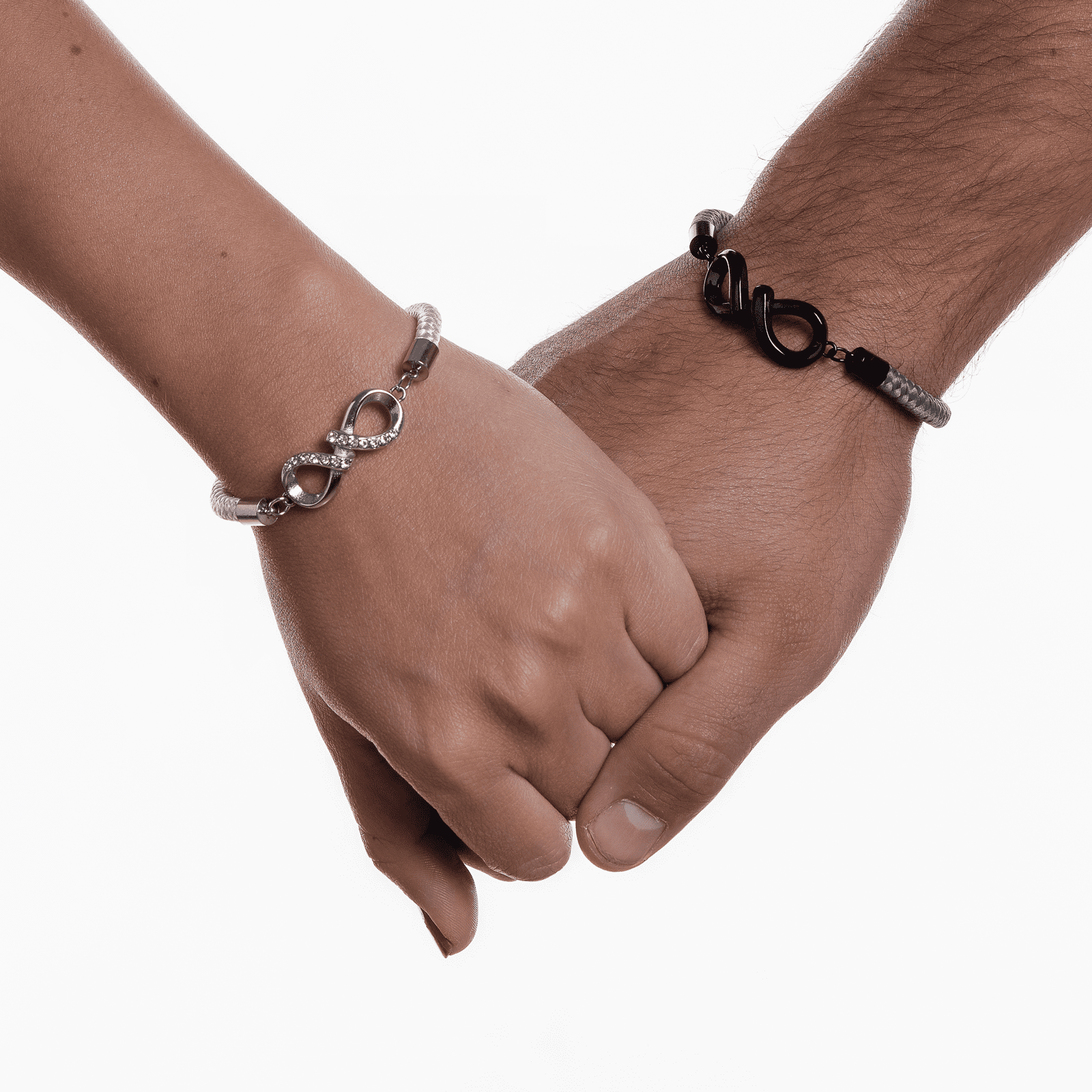 LuckyLy Pulseras para Pareja de Infinito de Acero Inoxidable y Cuerda , Pulsera Hombre Negra, Pulsera Mujer Plata - Modelo Soni