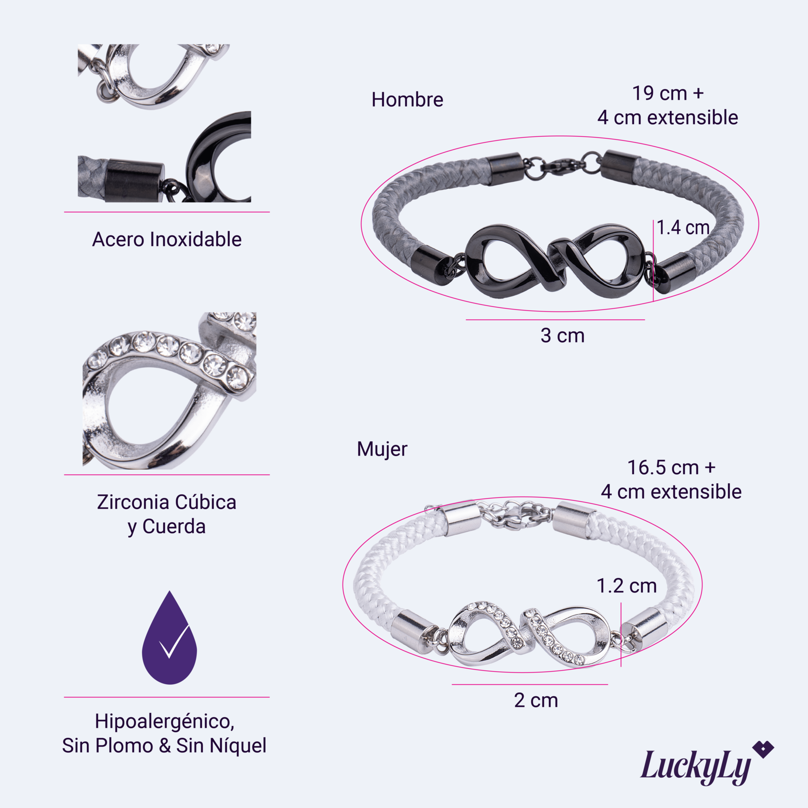 LuckyLy Pulseras para Pareja de Infinito de Acero Inoxidable y Cuerda , Pulsera Hombre Negra, Pulsera Mujer Plata - Modelo Soni