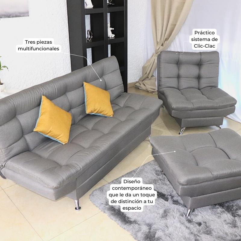 Sala Esquinera Moderna Gris Sofá Sillón y Taburete Florencia.