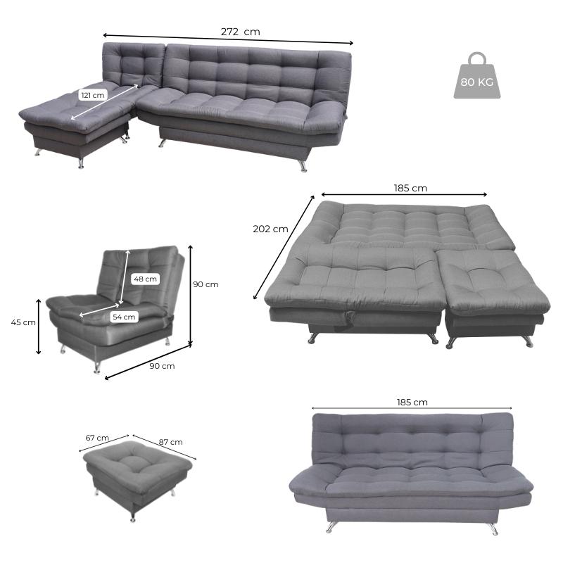 Sala Esquinera Moderna Gris Sofá Sillón y Taburete Florencia.