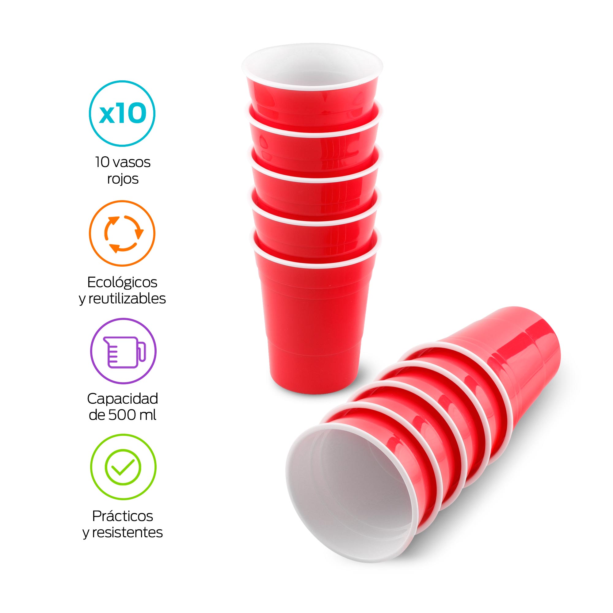 Vasos de Plástico Rígido Reutilizables Vaso Fiesta 10 Piezas 500 ml