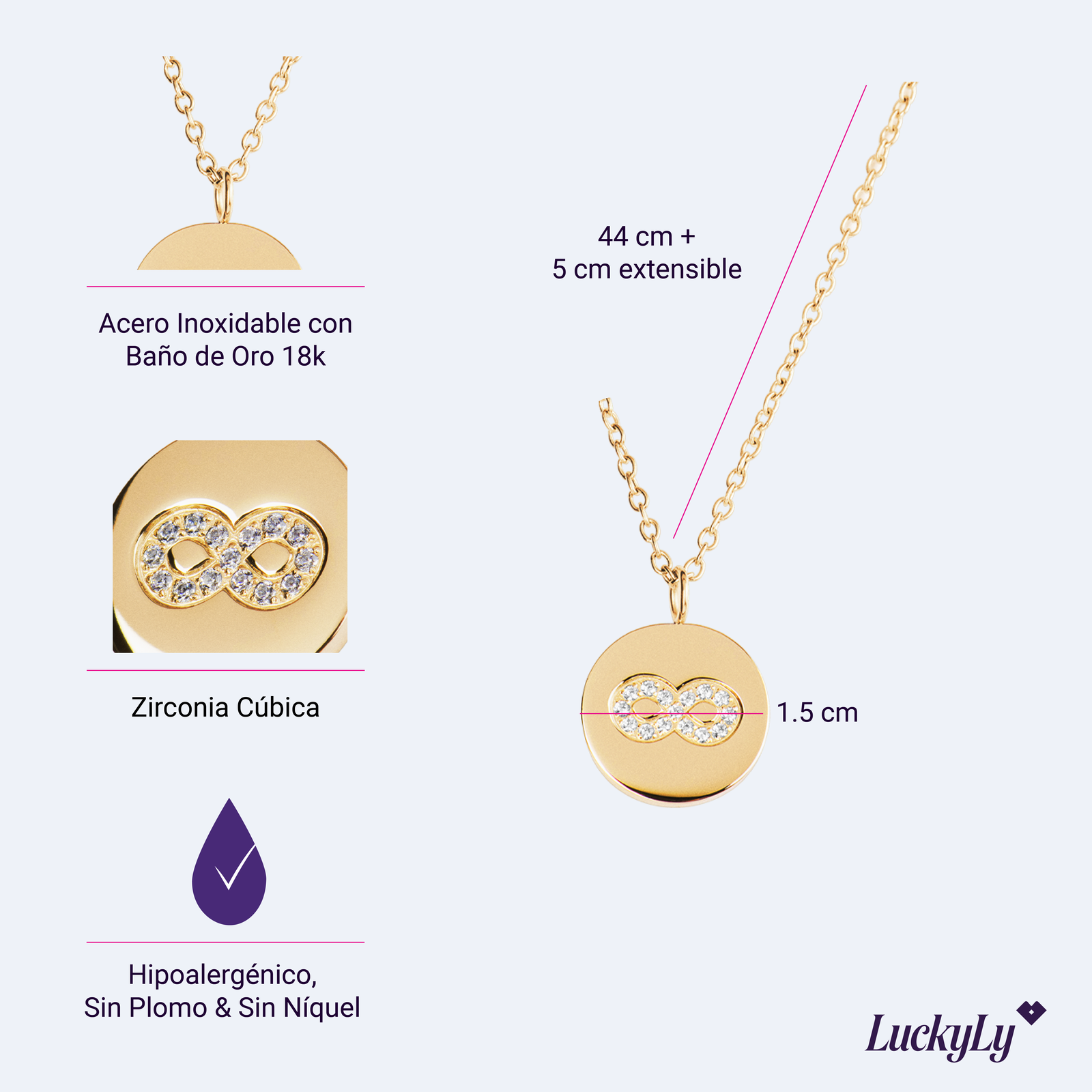 LuckyLy Collar Infinito Mujer con Zirconia Cúbica , Dije y Cadena de Acero Inoxidable Mujer con Baño de Oro 18k - Modelo Tara