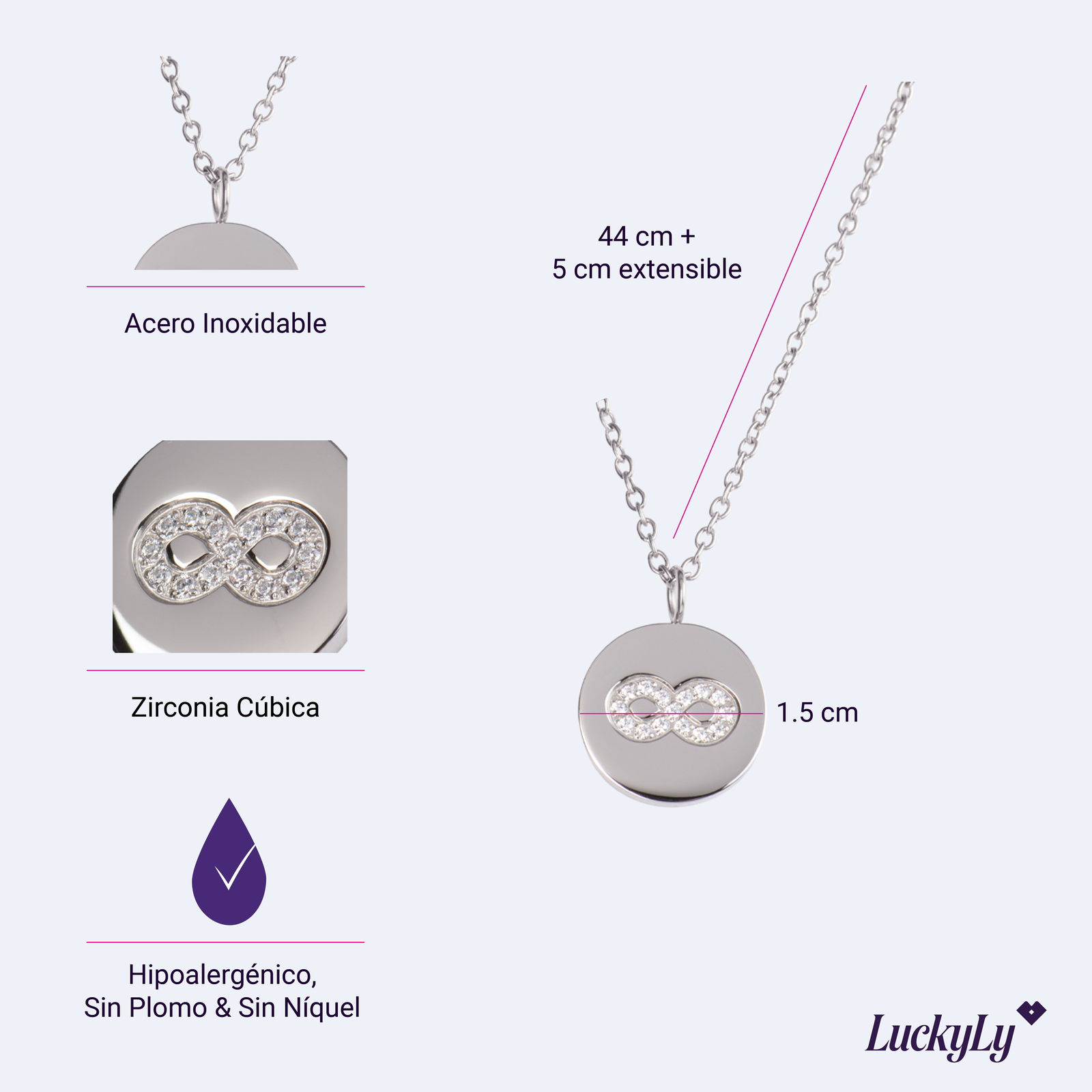 LuckyLy Collar Infinito Mujer con Zirconia Cúbica , Dije y Cadena de Acero Inoxidable Mujer Color Plata - Modelo Tara