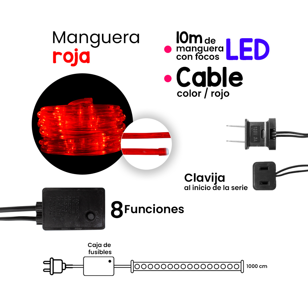 Manguera de Luces Led Decorativa Luz Led Rojo Uso Exterior/Interior Cable Recubierto Gel 10 m